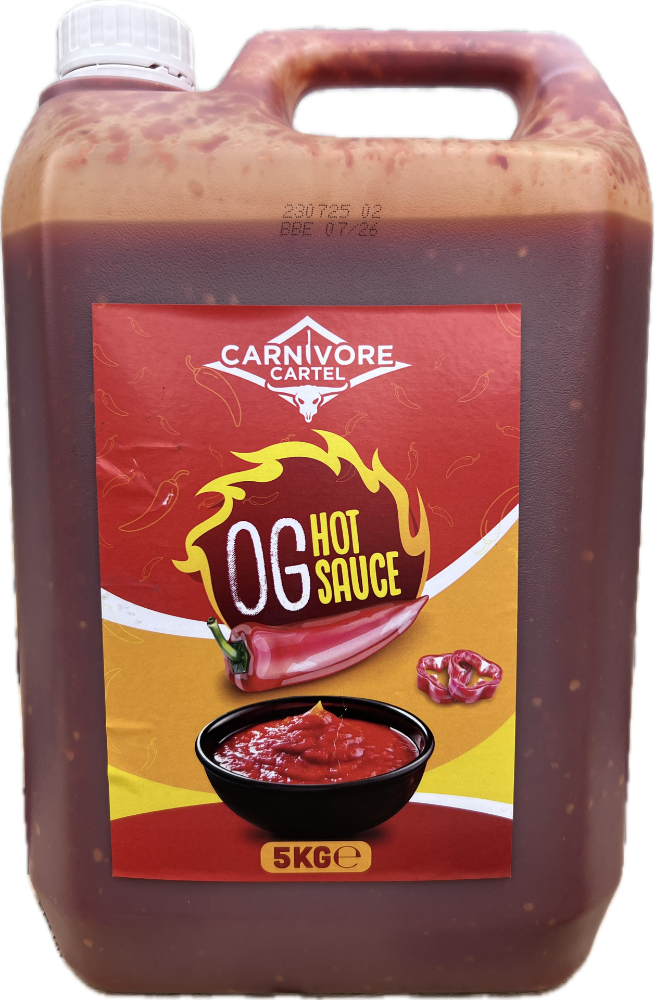 Carnivore Cartel OG Hot Sauce container with label on a white background