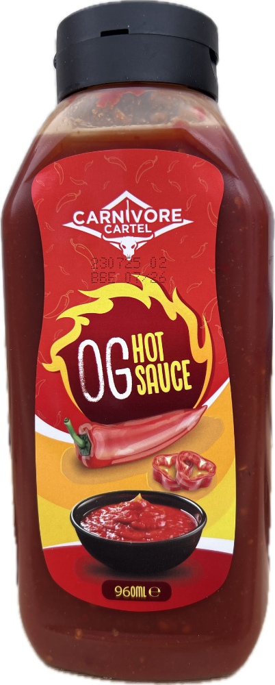 Carnivore Cartel OG Hot Sauce bottle with red label and black cap