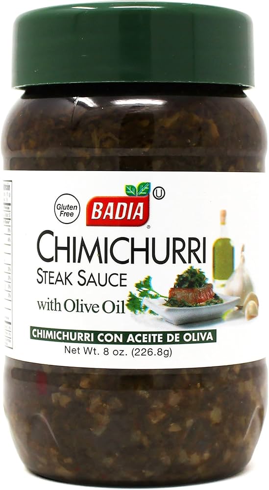 Jar of Badia Chimichurri Steak Sauce with Olive Oil on a white background