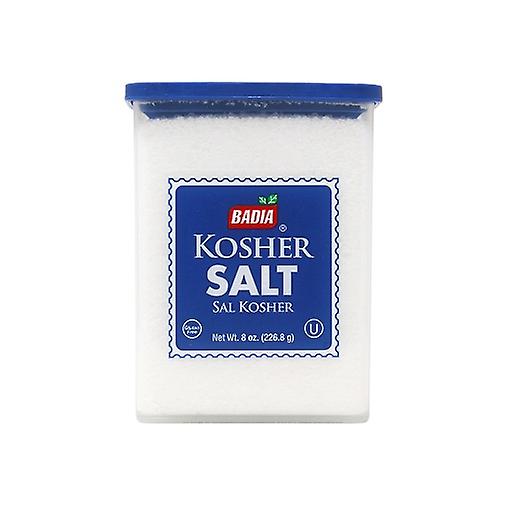 Container of Badia Kosher Salt on a white background