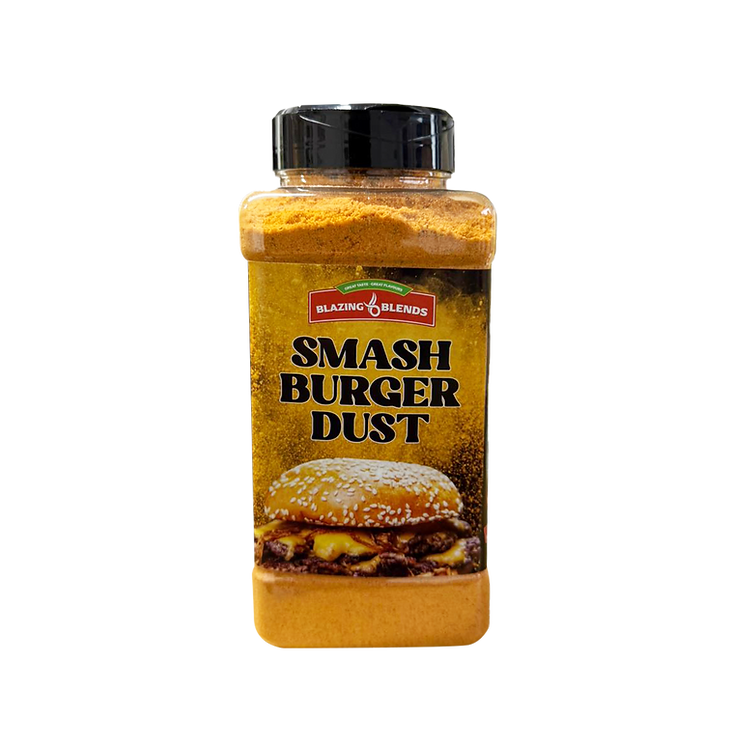 Bottle of Smash Burger Dust seasoning with a black lid on a white background