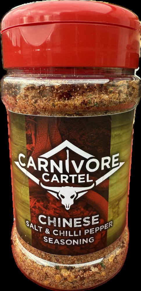 Carnivore Cartel Chinese Salt & Chilli Pepper Seasoning jar with red lid