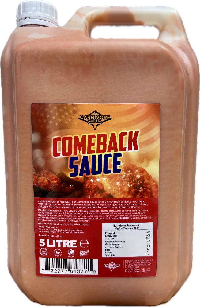 5-liter container of 'Comeback Sauce' with a visible label on a white background