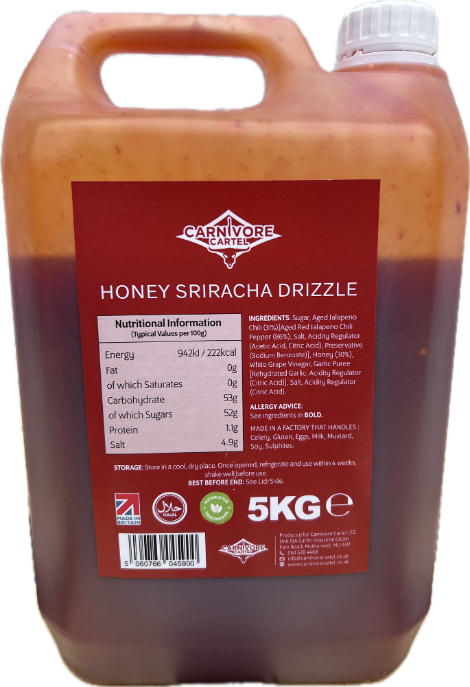 Honey Sriracha Drizzle container with label showing nutritional information and brand details.