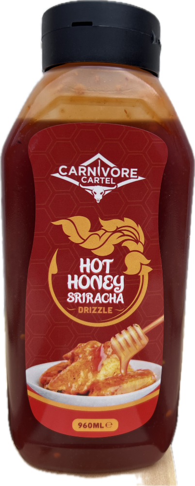 Bottle of Carnivore Cartel Hot Honey Sriracha Drizzle on a white background