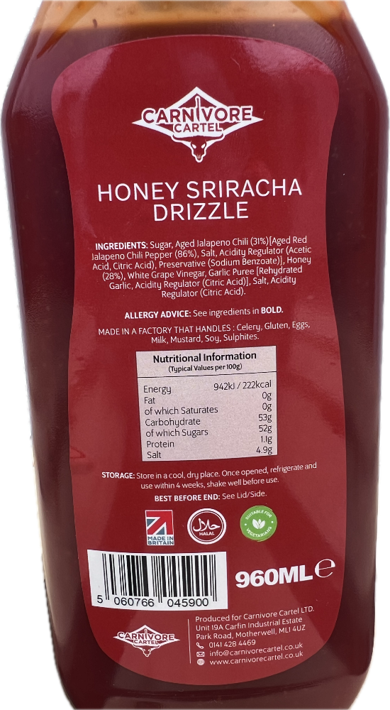 Back label of Carnivore Carter Honey Sriracha Drizzle bottle with ingredients and nutritional information.