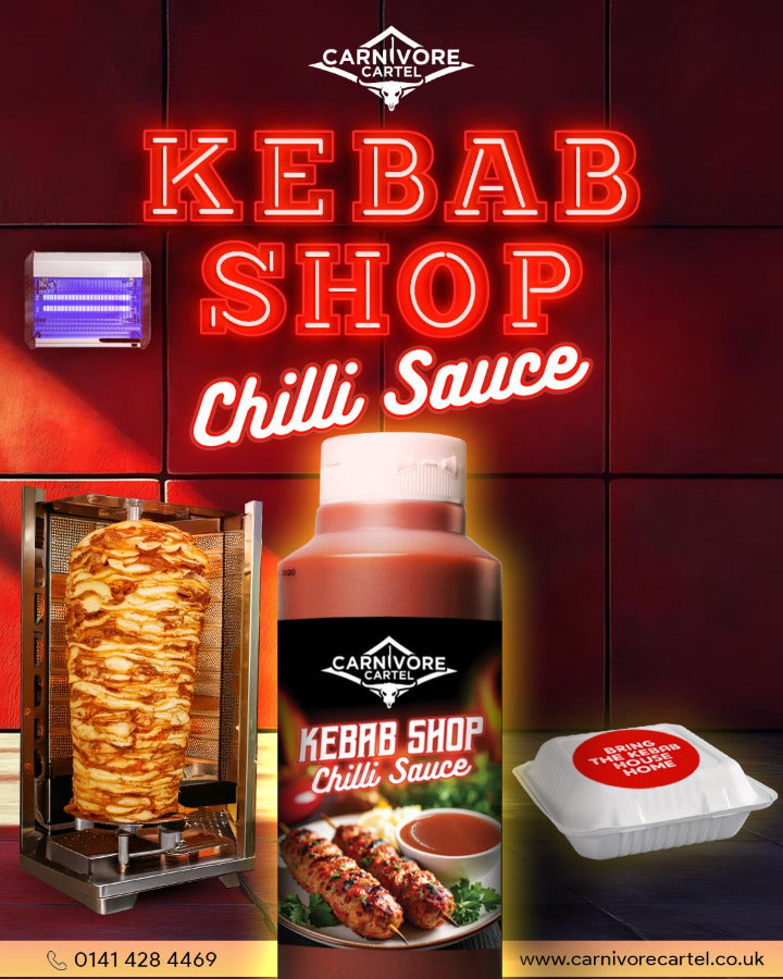 Promotional image of Carnivore Kebab Shop Chilli Sauce with kebab, sauce bottle, and packaging.