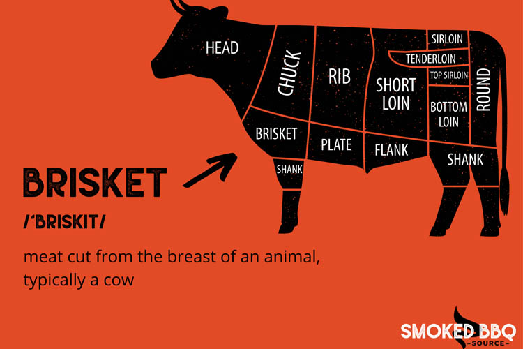 Diagram of a cow with labeled meat cuts on an orange background, highlighting brisket.