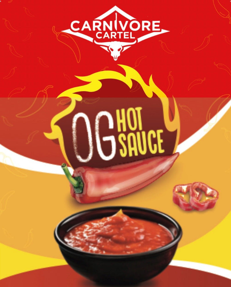 Carnivore Cartel OG Hot Sauce packaging with a bowl of sauce on a red and yellow background