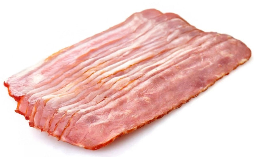 Raw turkey bacon slices on a white background