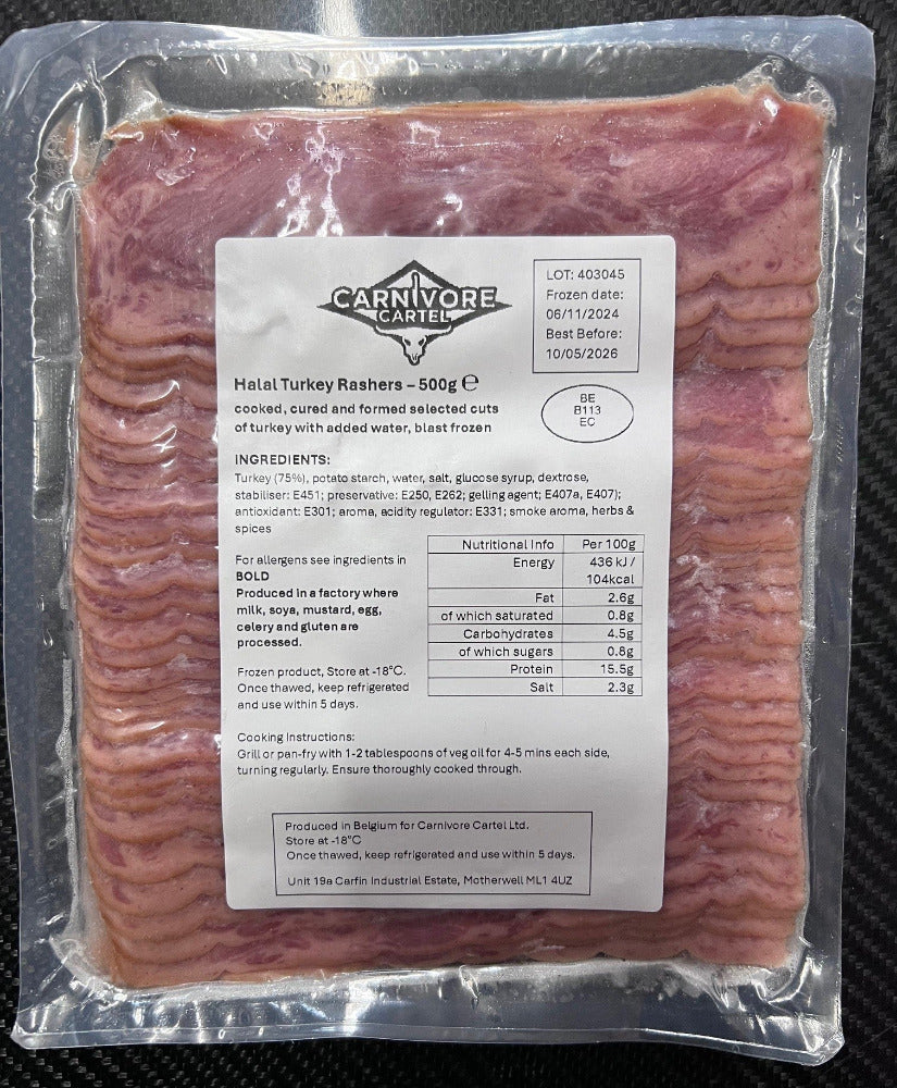 Packaged halal turkey rashers with a label on a black background